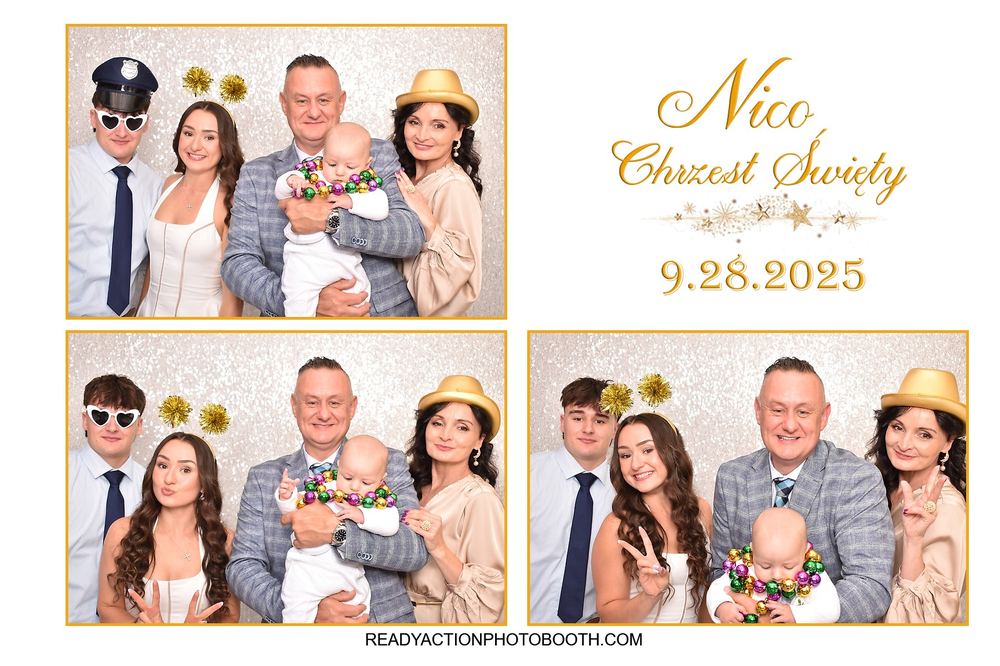 Family celebrating a christening in a New Jersey photo booth